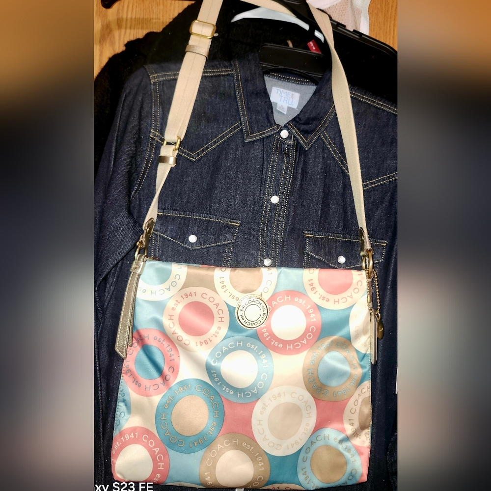Coach Multicolor Circle Print Crossbody Bag with Beige Strap
